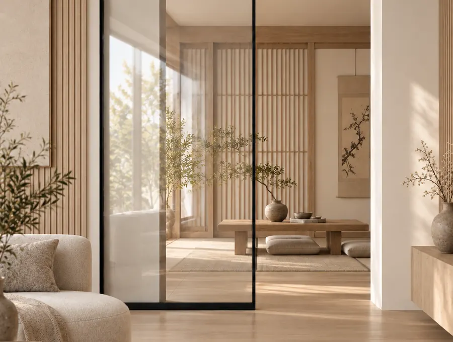 Slim aluminium ghost sliding door dividing two living spaces